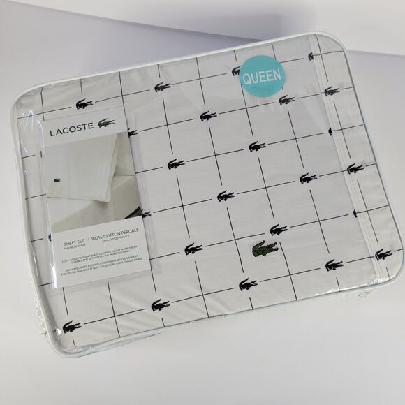 Lacoste White Black Grid 4pc QUEEN Sheets Set 100% Cotton Crocodile Anthracite - Picture 11 of 11